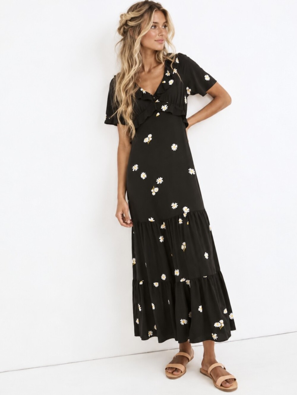 Madewell Lazy Daisies Ruffle Tiered Maxi Dress Size 6 Black Daisy Print